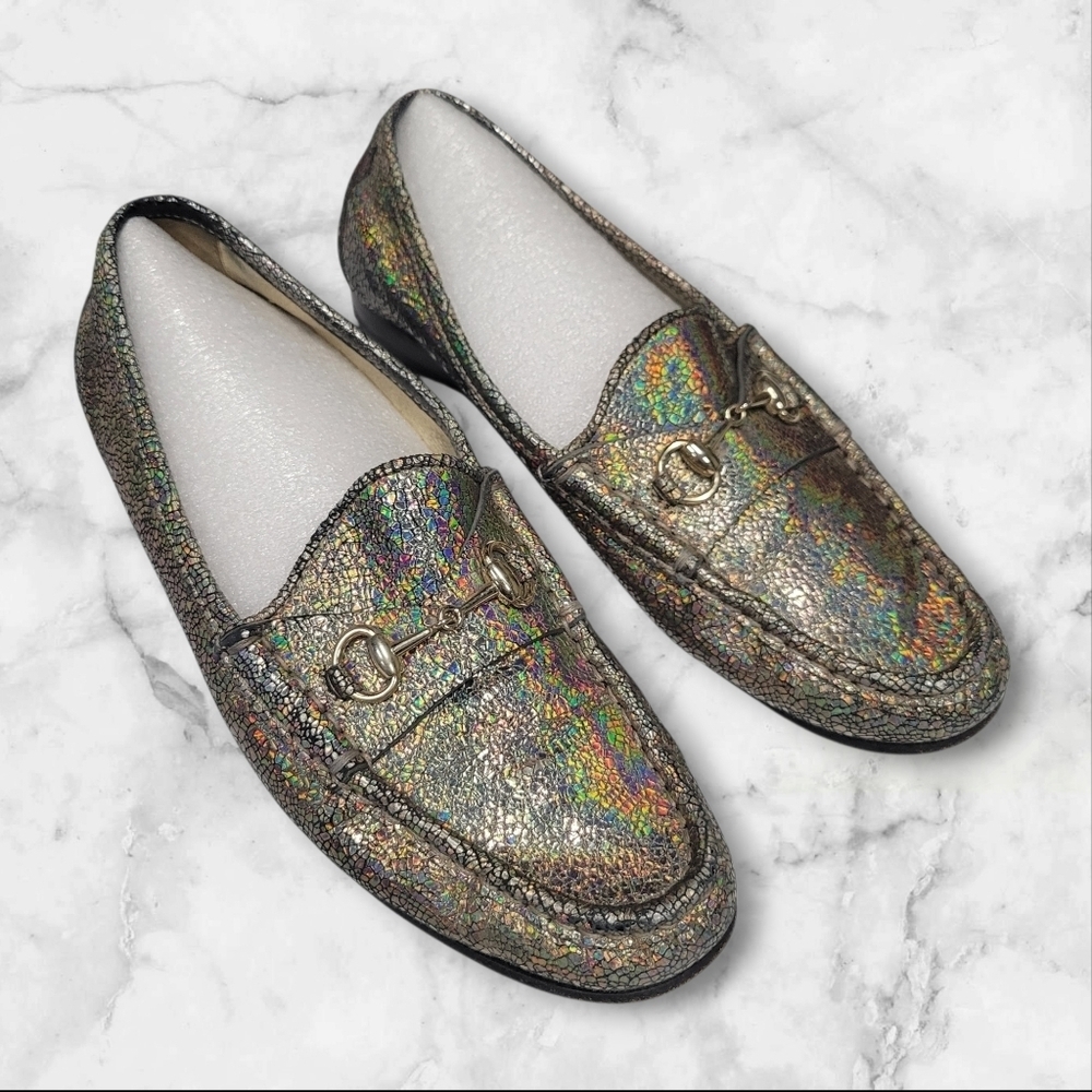 Gucci 60th Anniversary 1953 Holographic Tan Leather Horsebit Loafers 36.5 6.5